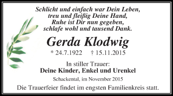 Traueranzeige von Gerda Klodwig von Super Sonntag Aschersleben