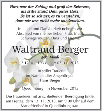 Traueranzeige von Waltraud Berger von Mitteldeutsche Zeitung Quedlinburg