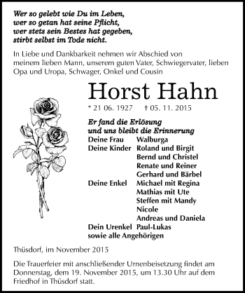 Traueranzeige von Horst Hahn von Mitteldeutsche Zeitung Naumburg/Nebra
