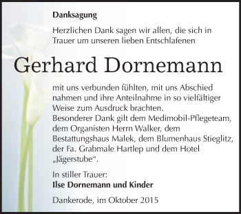 Traueranzeige von Gerhard Dornemann von WVG - Wochenspiegel Quedlinburg