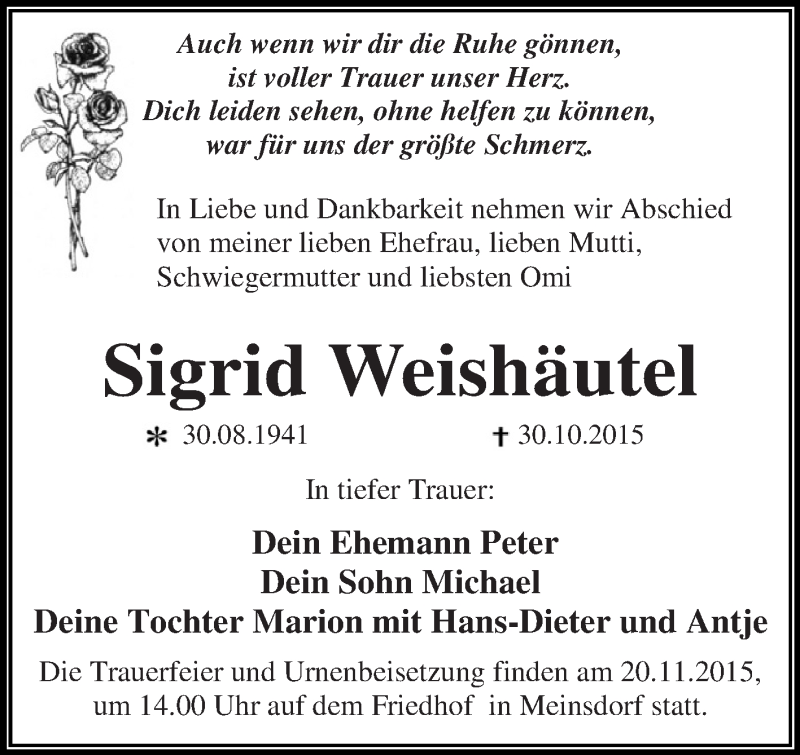  Traueranzeige für Sigrid Weishäutel vom 07.11.2015 aus WVG - Wochenspiegel Dessau / Köthen