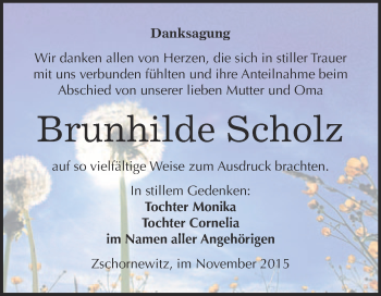 Traueranzeige von Brunhilde Scholz von WVG - Wochenspiegel Wittenberg