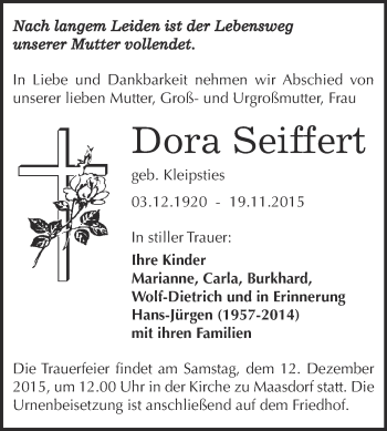 Traueranzeige von Dora Seiffert von WVG - Wochenspiegel Dessau / Köthen