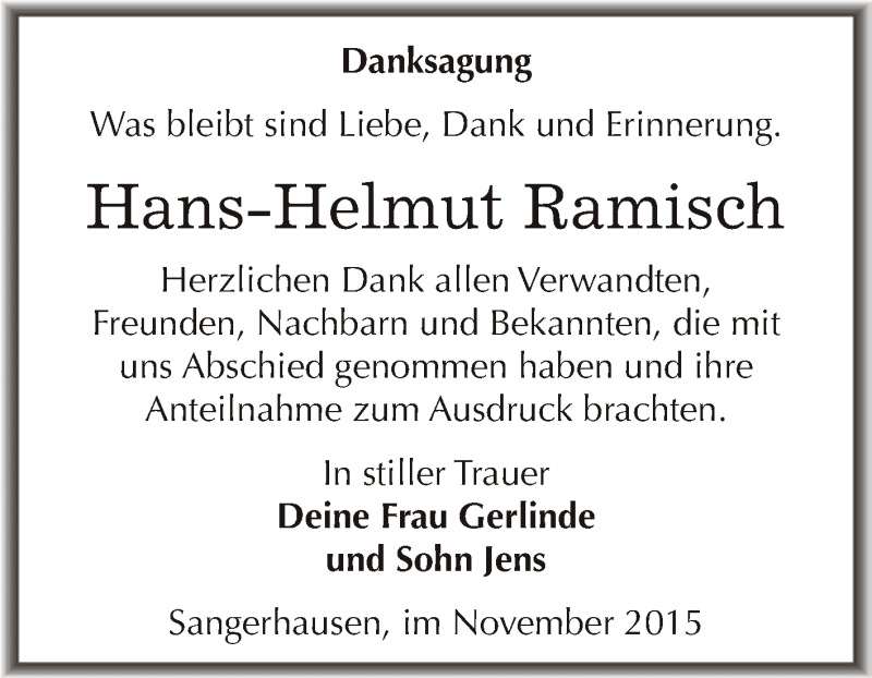  Traueranzeige für Hans-Helmut Ramisch vom 14.11.2015 aus Super Sonntag SGH Mansf. Land