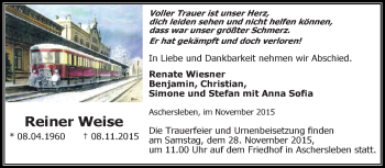 Traueranzeige von Reiner Weise von Super Sonntag Aschersleben