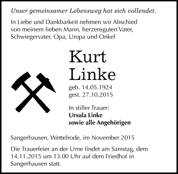 Traueranzeige von Kurt Linke von Mitteldeutsche Zeitung Sangerhausen