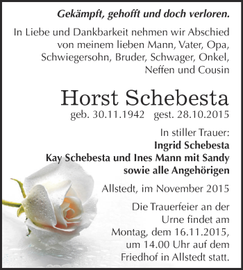 Traueranzeige von Horst Schebesta von WVG - Wochenspiegel SGH