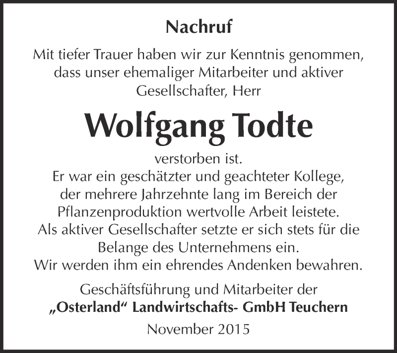  Traueranzeige für Wolfgang Todte vom 25.11.2015 aus WVG - Wochenspiegel NMB / WSF / ZTZ