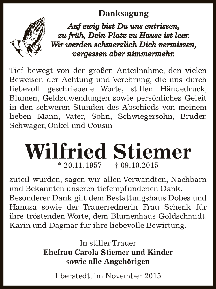  Traueranzeige für Wilfried Stiemer vom 14.11.2015 aus Super Sonntag Bernburg