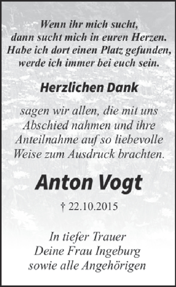  Traueranzeige für Anton Vogt vom 14.11.2015 aus WVG - Wochenspiegel Dessau / Köthen