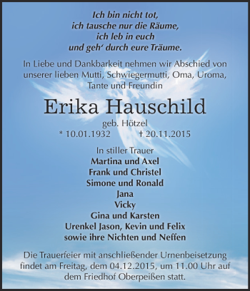 Traueranzeige von Erika Hauschild von Super Sonntag Bernburg