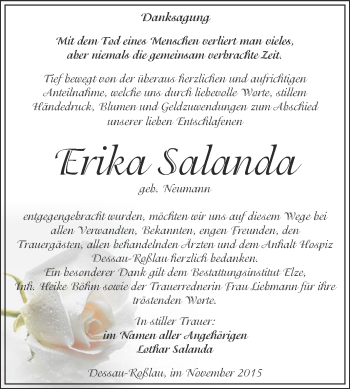 Traueranzeige von Erika Salanda von WVG - Wochenspiegel Dessau / Köthen