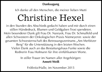 Traueranzeige von Christine Hexel von Mitteldeutsche Zeitung Halle/Saalkreis
