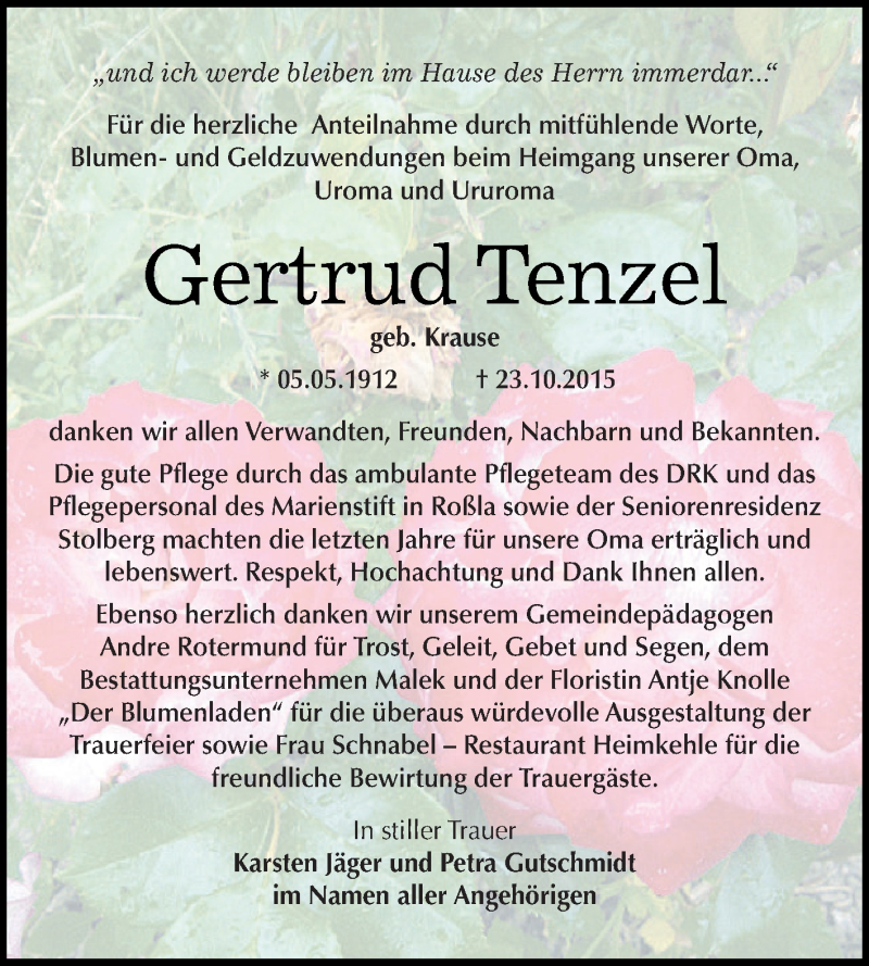  Traueranzeige für Gertrud Tenzel vom 07.11.2015 aus Super Sonntag SGH Mansf. Land
