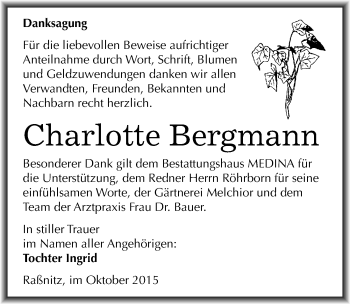 Traueranzeige von Charlotte Bergmann von Mitteldeutsche Zeitung Merseburg/Querfurt