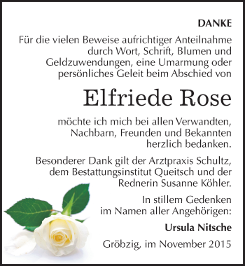 Traueranzeige von Elfriede Rose von Mitteldeutsche Zeitung Köthen
