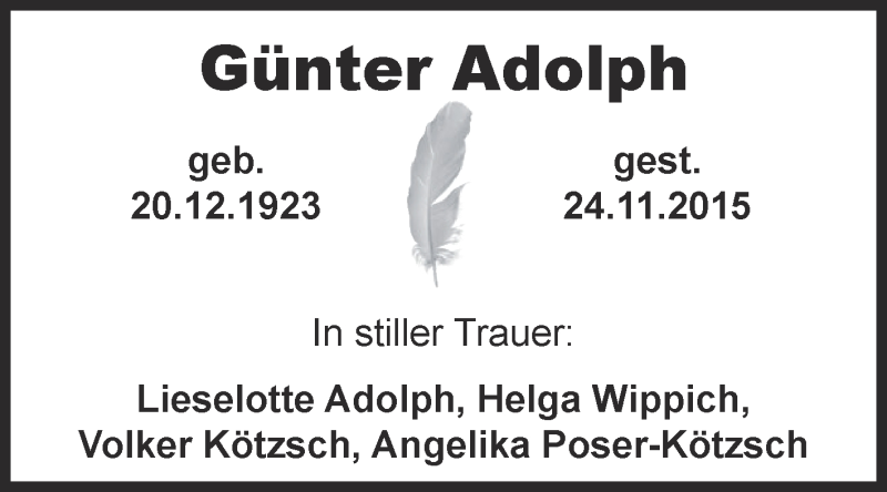  Traueranzeige für Günter Adolph vom 28.11.2015 aus Super Sonntag Zeitz