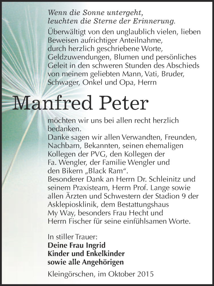  Traueranzeige für Manfred Peter vom 25.11.2015 aus WVG - Wochenspiegel NMB / WSF / ZTZ