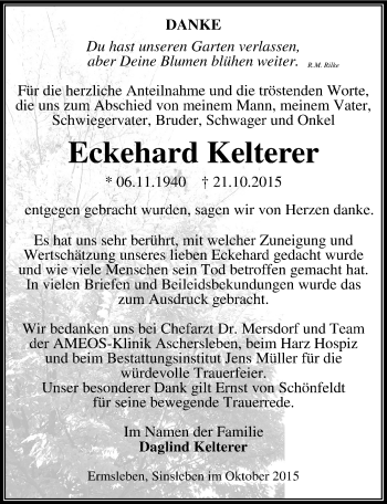 Traueranzeige von Eckehard Kelterer von Mitteldeutsche Zeitung Quedlinburg