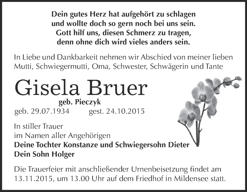  Traueranzeige für Gisela Bruer vom 07.11.2015 aus WVG - Wochenspiegel Dessau / Köthen