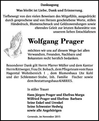 Traueranzeige von Wolfgang Prager von WVG - Wochenspiegel Quedlinburg