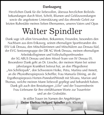 Traueranzeige von Walter Spindler von WVG - Wochenspiegel Dessau / Köthen