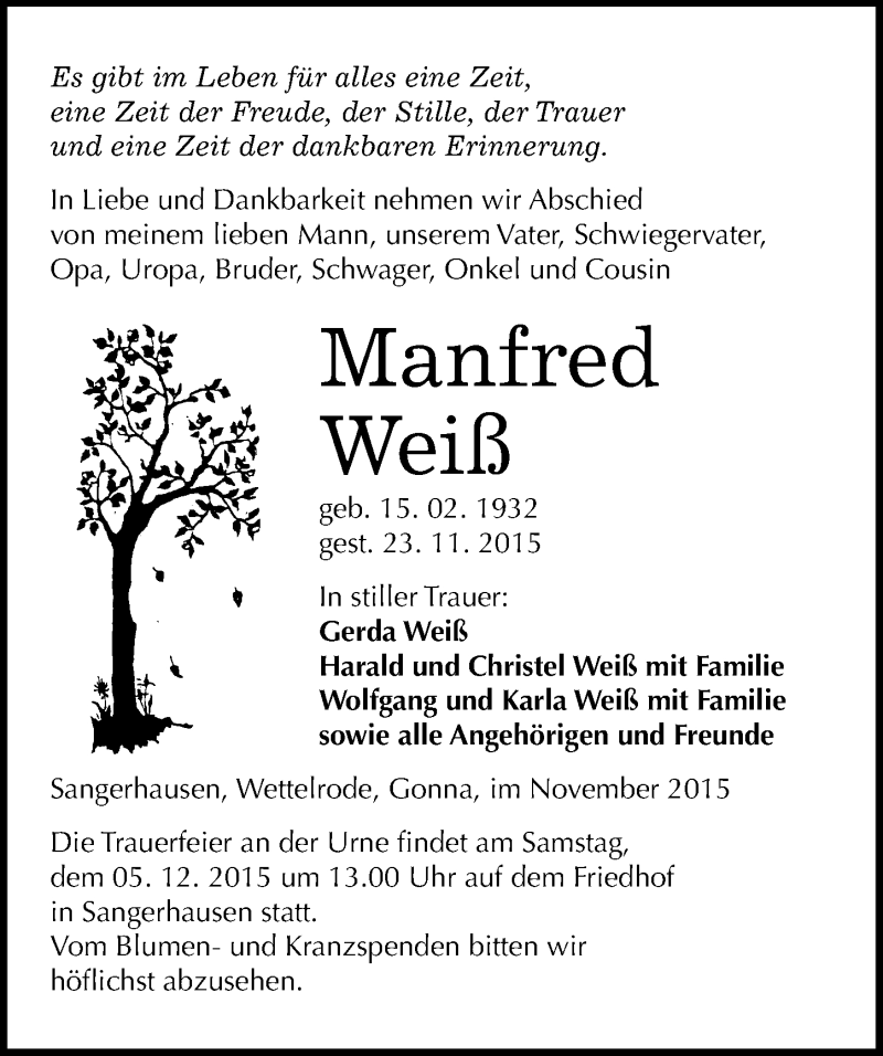  Traueranzeige für Manfred Weiß vom 28.11.2015 aus Mitteldeutsche Zeitung Sangerhausen