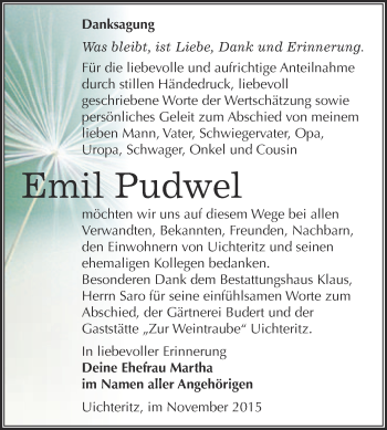 Traueranzeige von Emil Pudwel von WVG - Wochenspiegel NMB / WSF / ZTZ