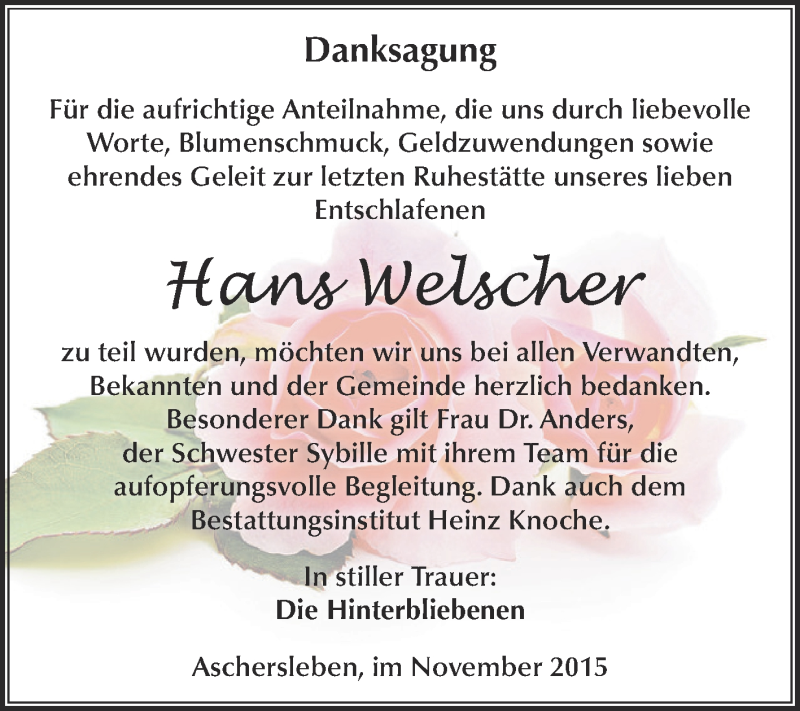 Traueranzeige für Hans Welscher vom 28.11.2015 aus Super Sonntag Aschersleben