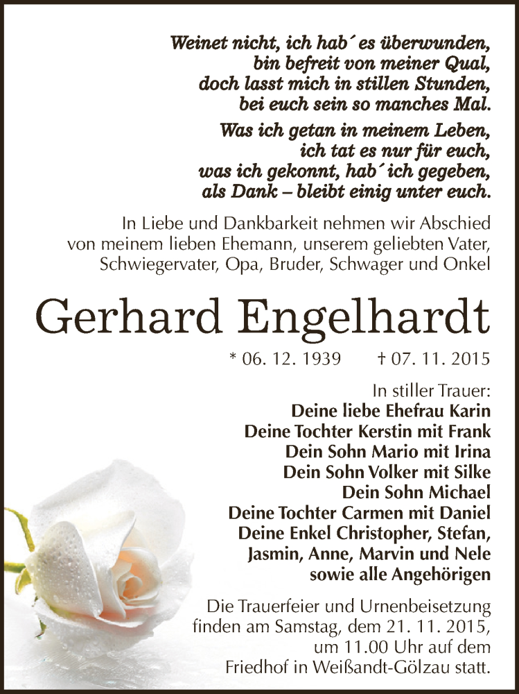  Traueranzeige für Gerhard Engelhardt vom 14.11.2015 aus WVG - Wochenspiegel Dessau / Köthen
