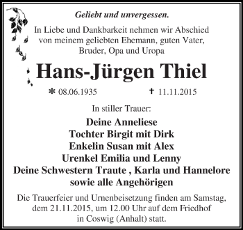Traueranzeige von Hans-Jürgen Thiel von WVG - Wochenspiegel Dessau / Köthen