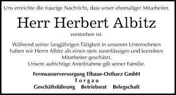 Traueranzeige von Herbert Albitz von Mitteldeutsche Zeitung Wittenberg