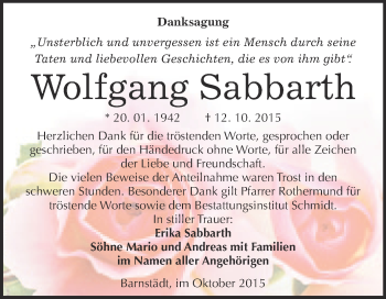 Traueranzeige von Wolfgang Sabbarth von WVG - Wochenspiegel Merseburg