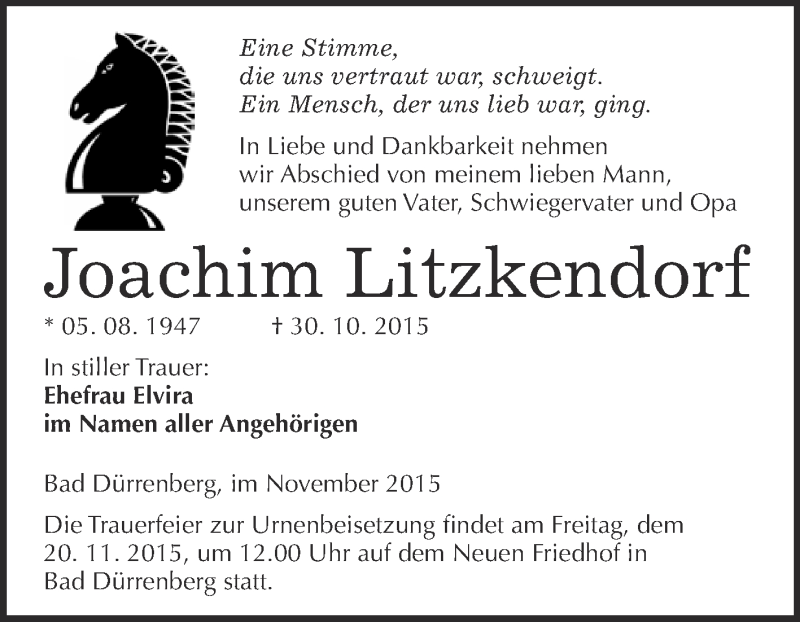  Traueranzeige für Joachim Litzkendorf vom 07.11.2015 aus Super Sonntag Merseburg