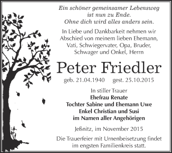 Traueranzeige von Peter Friedler von WVG - Wochenspiegel Bitterfeld
