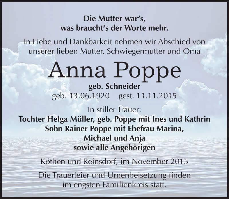 Traueranzeige für Anna Poppe vom 21.11.2015 aus Mitteldeutsche Zeitung Köthen