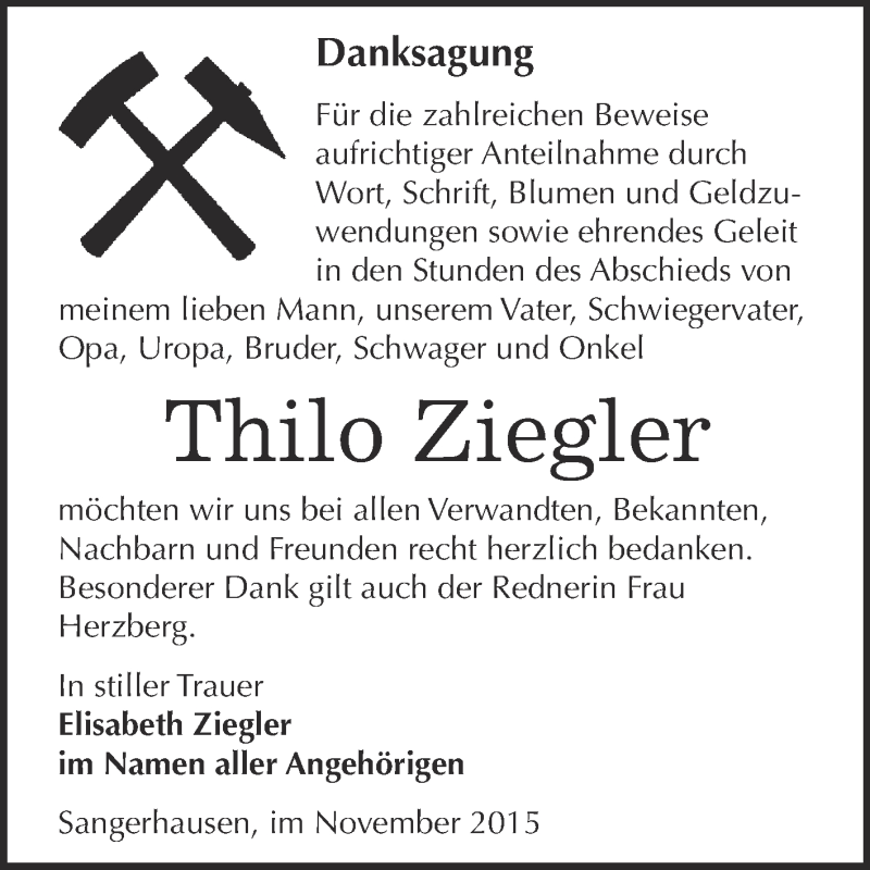  Traueranzeige für Thilo Ziegler vom 14.11.2015 aus Super Sonntag SGH Mansf. Land