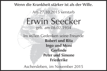 Traueranzeige von Erwin Seecker von Super Sonntag Aschersleben