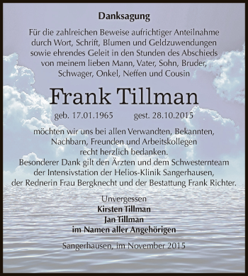 Traueranzeige von Frank Tillman von Super Sonntag SGH Mansf. Land