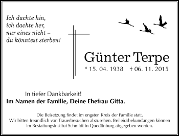 Traueranzeige von Günter Terpe von Mitteldeutsche Zeitung Quedlinburg