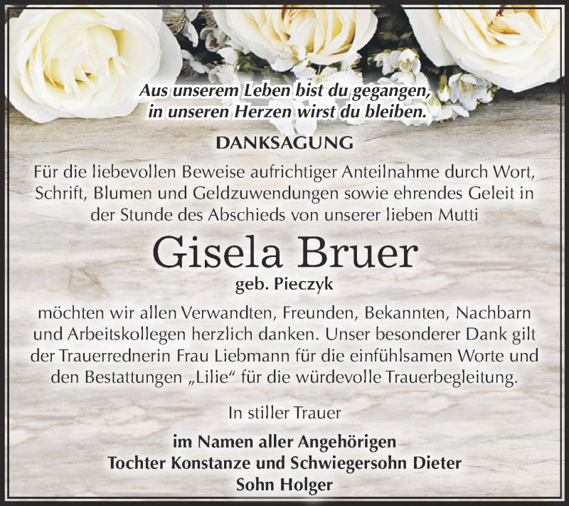  Traueranzeige für Gisela Bruer vom 21.11.2015 aus WVG - Wochenspiegel Dessau / Köthen