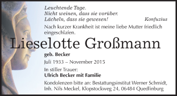 Traueranzeige von Lieselotte Großmann von Mitteldeutsche Zeitung Quedlinburg