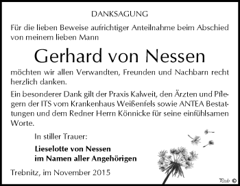 Traueranzeige von Gerhard von Nessen von WVG - Wochenspiegel NMB / WSF / ZTZ
