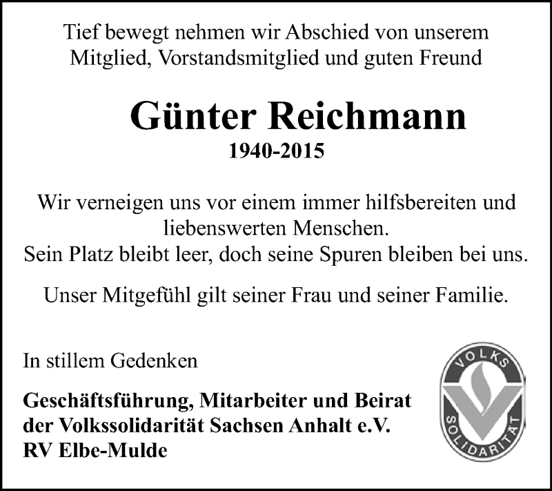  Traueranzeige für Günter Reichmann vom 28.11.2015 aus WVG - Wochenspiegel Wittenberg