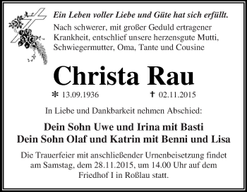 Traueranzeige von Christa Rau von WVG - Wochenspiegel Dessau / Köthen