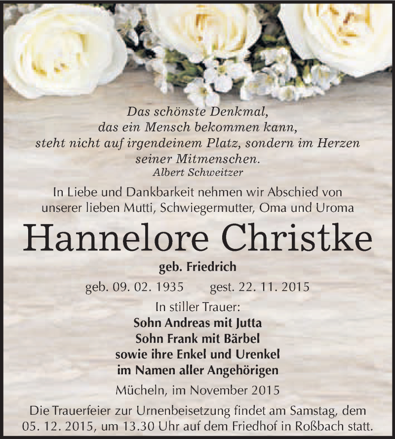  Traueranzeige für Hannelore Christke vom 28.11.2015 aus WVG - Wochenspiegel Merseburg