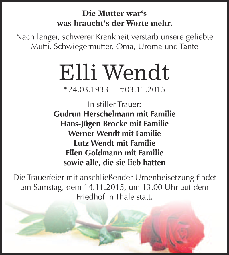  Traueranzeige für Elli Wendt vom 07.11.2015 aus WVG - Wochenspiegel Quedlinburg