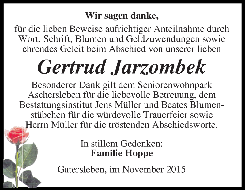  Traueranzeige für Gertrud Jarzombek vom 25.11.2015 aus Super Sonntag Aschersleben