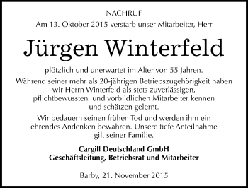 Traueranzeige von Jürgen Winterfeld von Mitteldeutsche Zeitung Bitterfeld