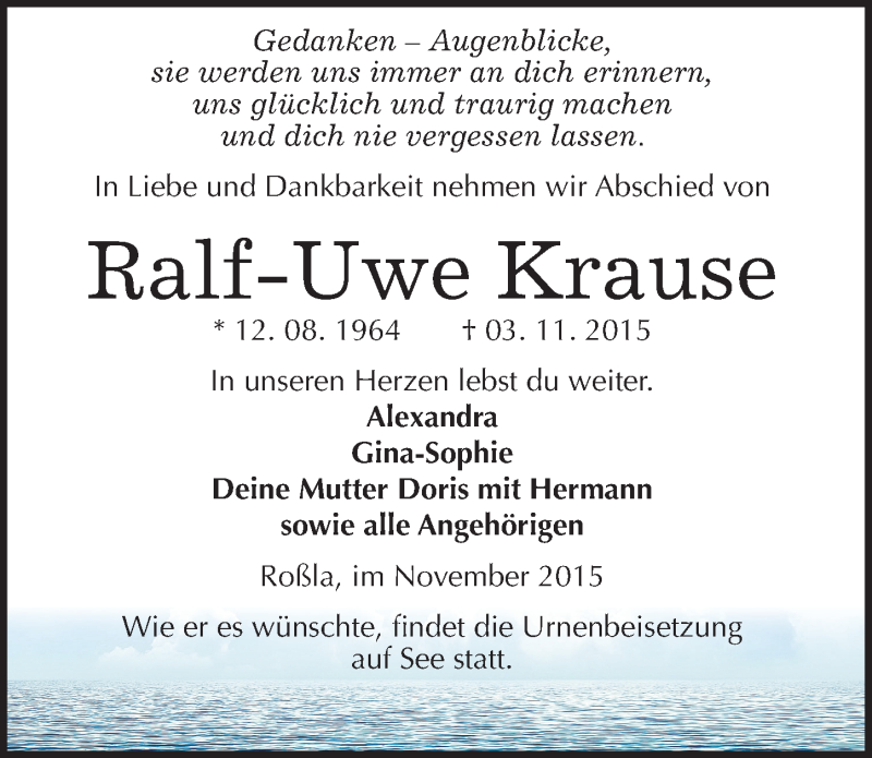  Traueranzeige für Ralf-Uwe Krause vom 10.11.2015 aus Mitteldeutsche Zeitung Sangerhausen